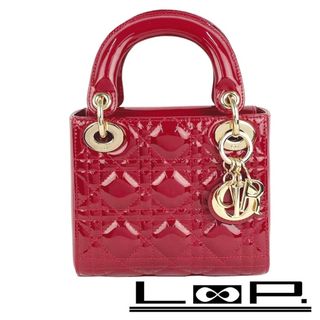 ディオール(Dior)の■美品■　ディオール レディディオール バッグ ミニ カナージュ パテントカーフ レッド M0505 【121197】(ショルダーバッグ)