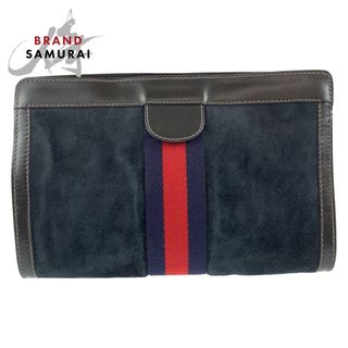 グッチ(Gucci)の美品 GUCCI グッチ ヴィンテージ オールドグッチ シェリーライン ネイビー ブラック 黒 スウェード レザー クラッチバッグ セカンドバッグ メンズ 405575 【中古】(セカンドバッグ/クラッチバッグ)