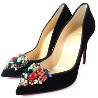 クリスチャンルブタン(Christian Louboutin)の未使用品△Christian Louboutin クリスチャンルブタン DIVA CORA 100 ベロア ビジュー付き ポインテッドトゥ パンプス ブラック マルチカラー 38 箱・保存袋付き イタリア製 レディース(ハイヒール/パンプス)