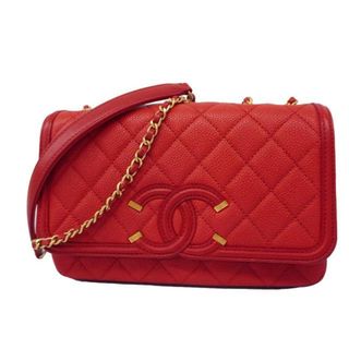 シャネル(CHANEL)の★SALE 【4hb2584】シャネル ショルダーバッグ/CCフィリグリー/Wチェーン/キャビアスキン/レッド/ゴールド金具 【中古】 レディース(ショルダーバッグ)