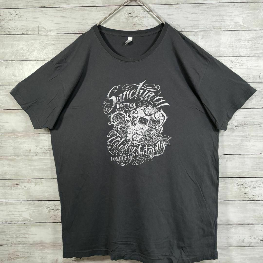 35R USA製半袖Tシャツ オレゴン州タトゥー企業ロゴ スカル メンズ夏物古着 メンズのトップス(Tシャツ/カットソー(半袖/袖なし))の商品写真