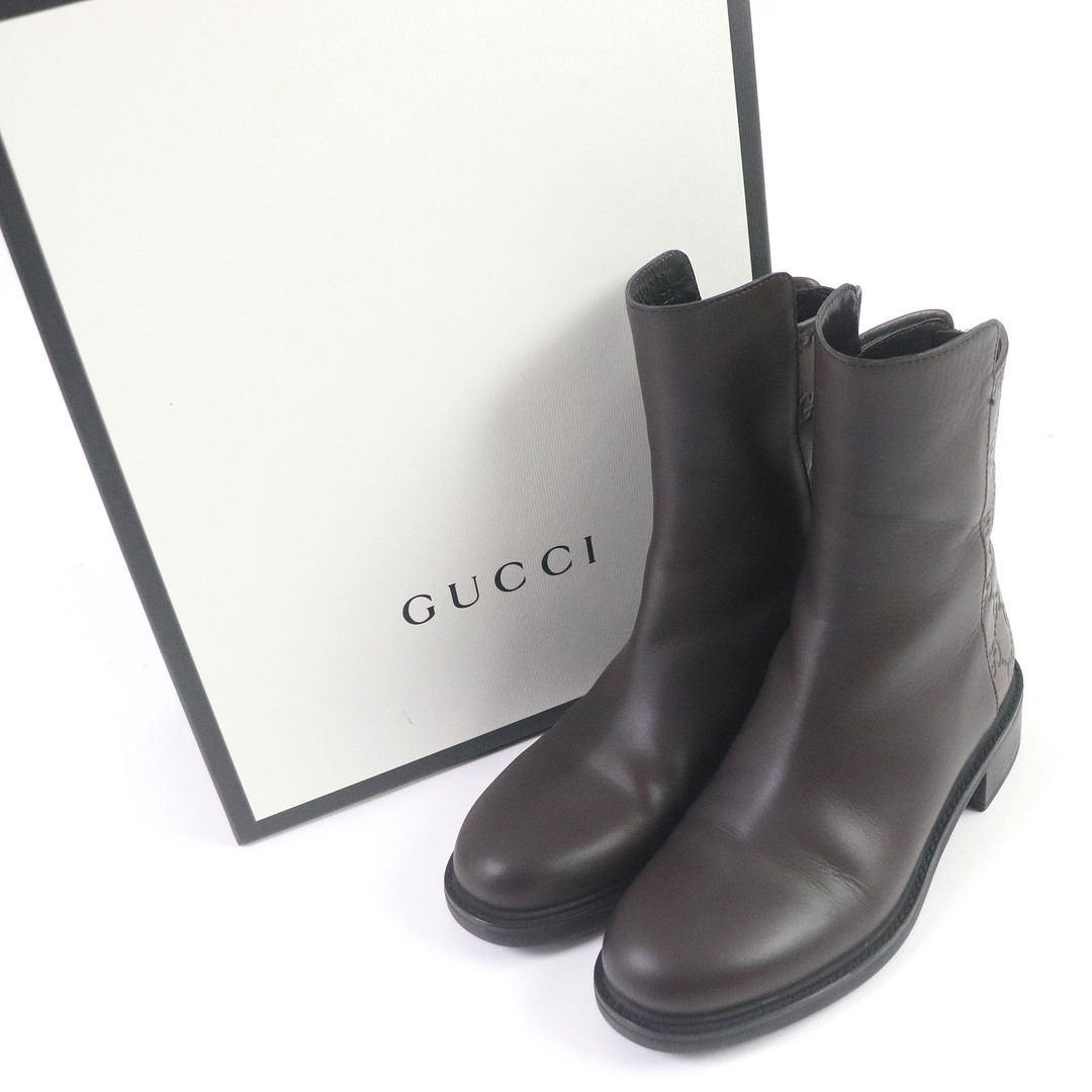 Gucci(グッチ)の美品□GUCCI グッチ 408212 GG柄 バックジップ グッチシマレザー ショートブーツ アンクルブーツ ダークブラウン 35.5 箱付き イタリア製 レディース レディースの靴/シューズ(ブーツ)の商品写真