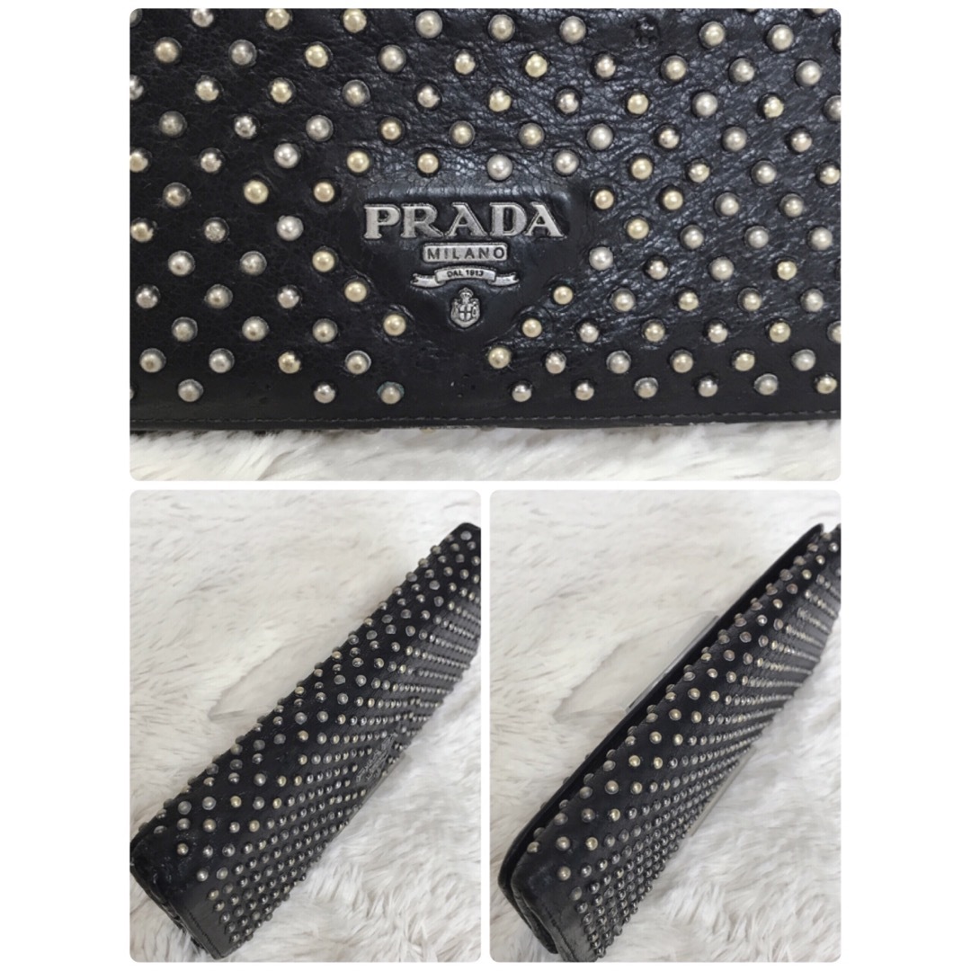 PRADA(プラダ)の希少 PRADA プラダ スタッズ レザー 長財布 折り財布 ロゴ ブラック 黒 レディースのファッション小物(財布)の商品写真