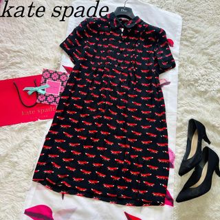 ケイトスペードニューヨーク(kate spade new york)の【良品】kate spade 総柄ワンピース ブラック キツネ 半袖 襟 4(ひざ丈ワンピース)