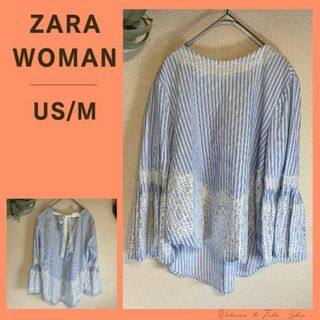 ザラ(ZARA)の美品》ザラウーマン　ZARA WOMAN 青白ストライプ　レース　チュニック(シャツ/ブラウス(長袖/七分))