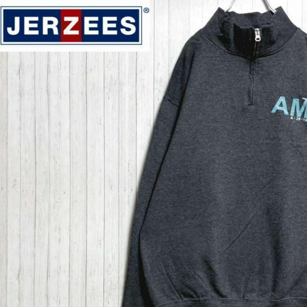 JERZEES(ジャージーズ)のジャージーズ　ハーフジップ　スウェット　トレーナー　グレー　プリント　裏起毛　M メンズのトップス(スウェット)の商品写真