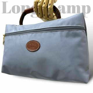 ロンシャン(LONGCHAMP)の良品　ロンシャン　ハンドバッグ　ナイロン　ロゴ　レザー　型押し　グレー(ハンドバッグ)