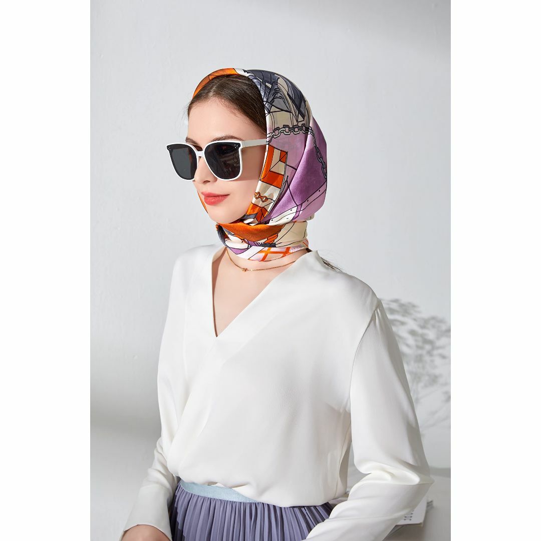 色:紫オレンジBRMM MIA スカーフ レディース 70×70cm シルク レディースのファッション小物(その他)の商品写真