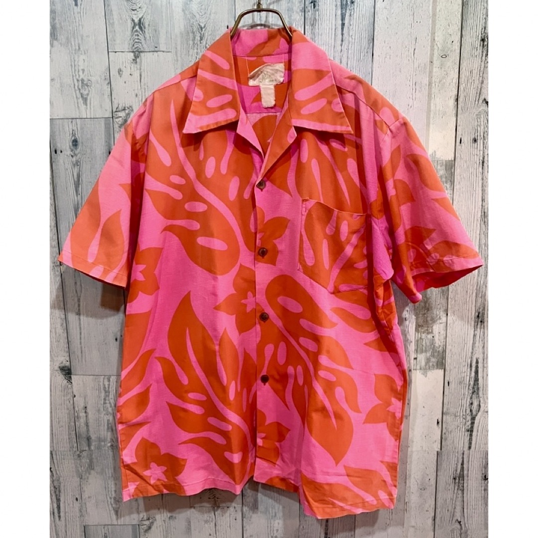 ハワイ製ビンテージ コットンアロハシャツ 70s ピンク×オレンジ メンズのトップス(シャツ)の商品写真