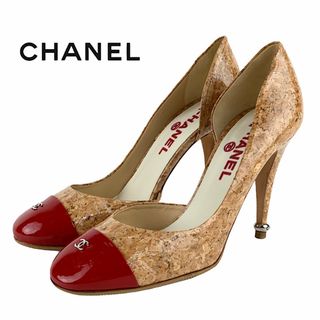 CHANEL - シャネル CHANEL パンプス 靴 シューズ パテント コルク ブラウン レッド ココマーク