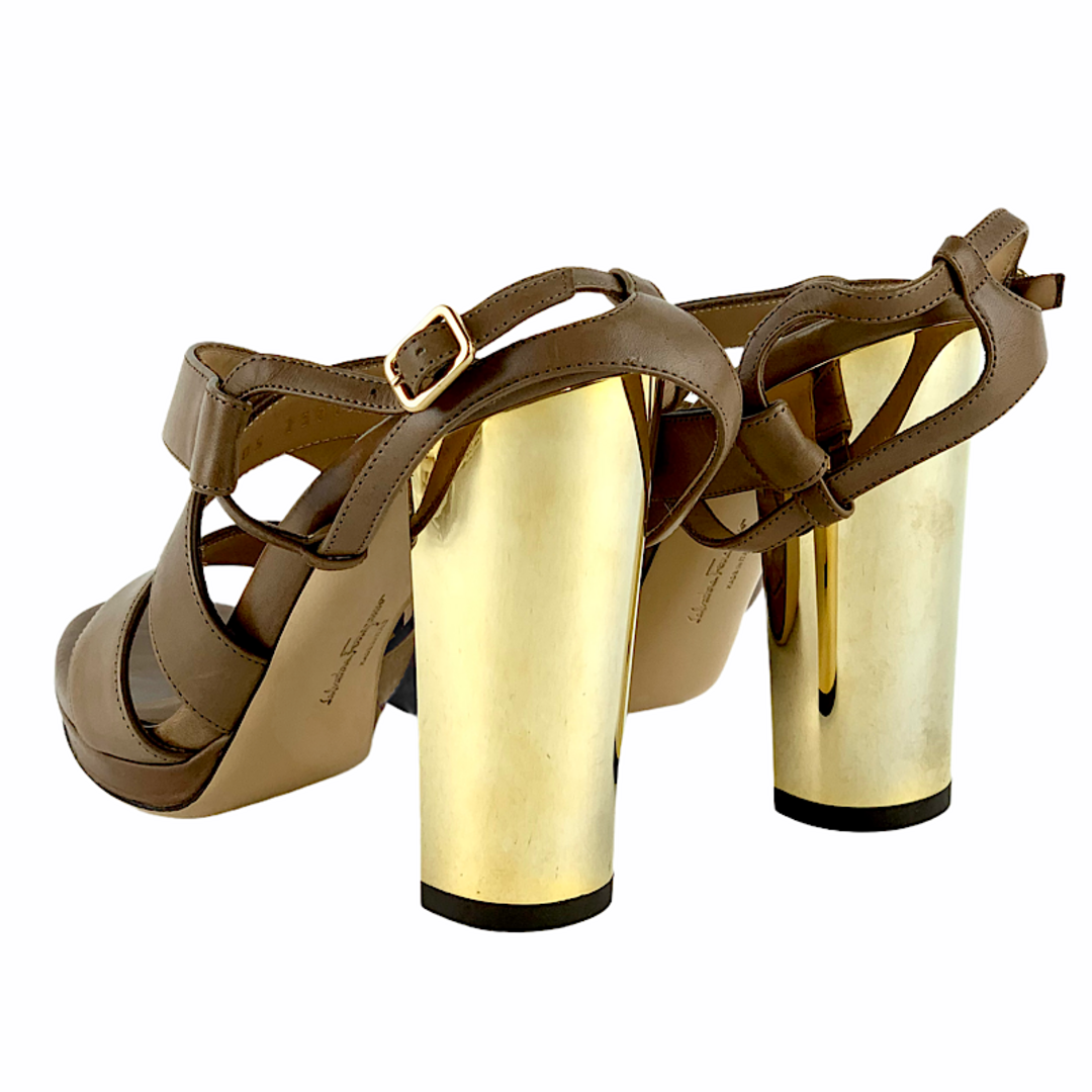 Ferragamo(フェラガモ)のフェラガモ FERRAGAMO サンダル 靴 シューズ レザー ブラウン ゴールド 未使用 メタルヒール レディースの靴/シューズ(サンダル)の商品写真