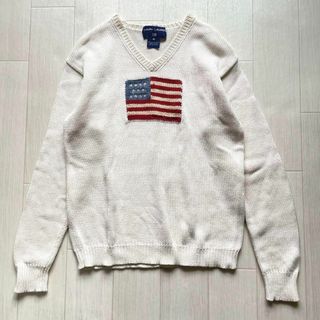 RALPH LAUREN コットンニット 星条旗 ロゴ刺繍 アイボリー M