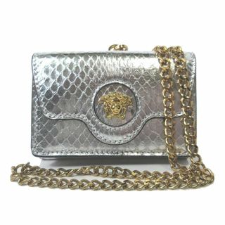 【新品】ヴェルサーチェ 財布 三つ折り財布(小銭入れあり) 1003085 (シルバー) VERSACE メドゥーサ ロゴ パイソン調レザー チェーンネックストラップ ミニ財布 アウトレット レディース