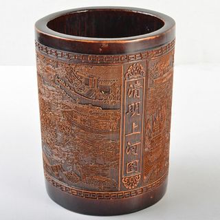 中国　古竹彫刻　清明上河図刻　筆筒　V　R7106(彫刻/オブジェ)