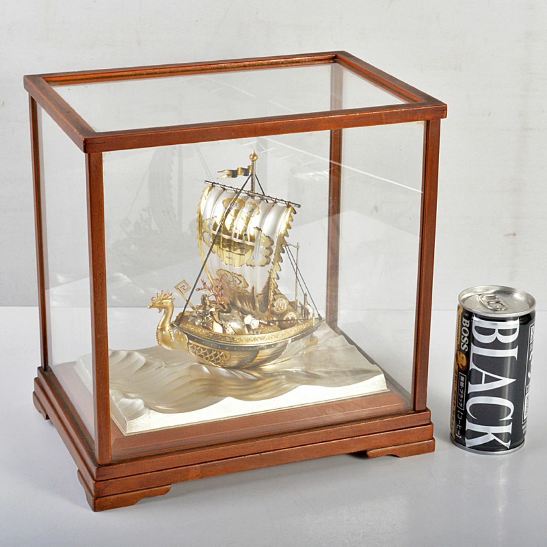 銀製　SILVER　宝船　約188g　置物　ガラスケース付　D　R7115B エンタメ/ホビーの美術品/アンティーク(金属工芸)の商品写真