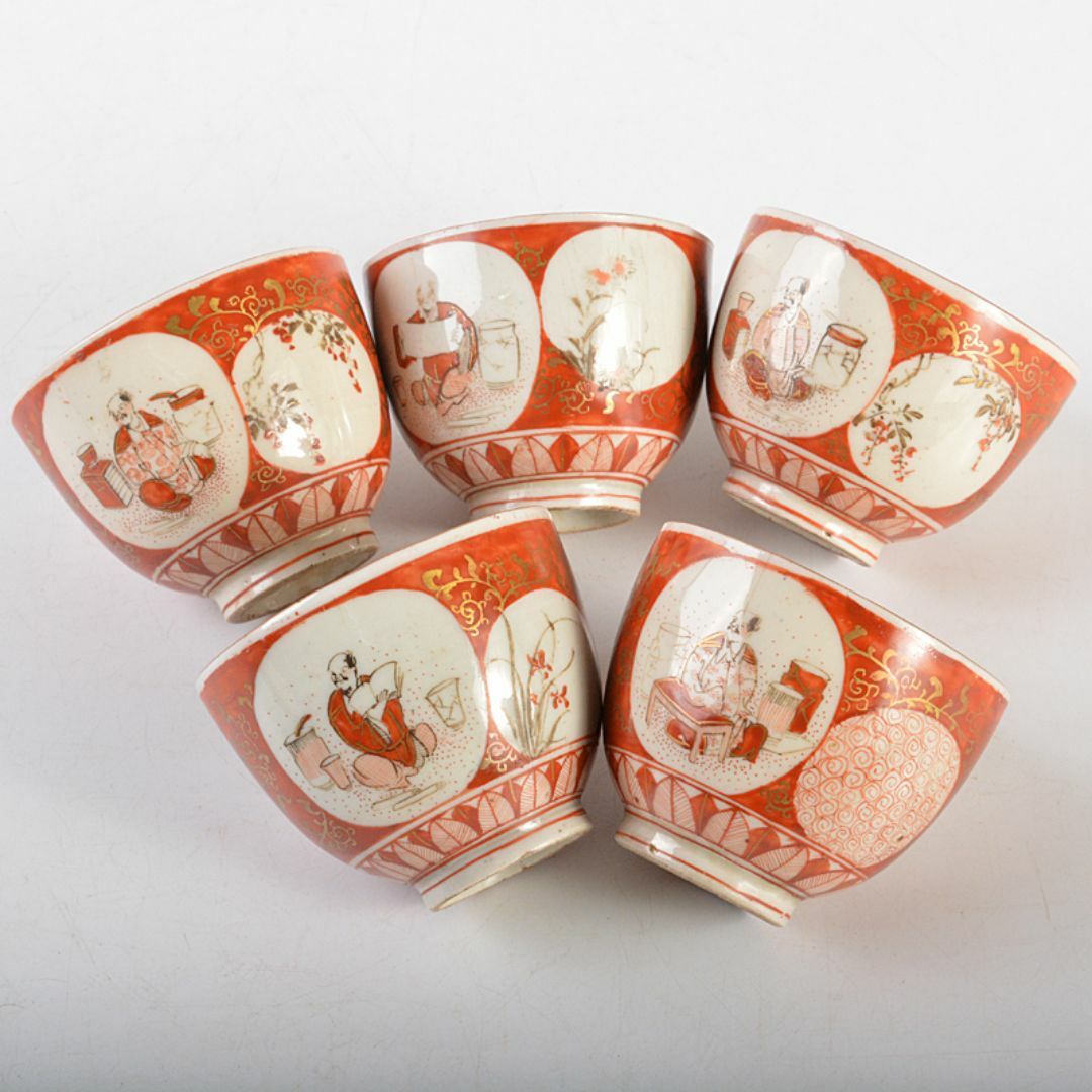 煎茶道具 九谷焼 赤絵金彩 人物花文 煎茶碗 五客 碗筒付 M R7118 煎茶道具 九谷焼 赤絵金彩 人物花文 煎茶碗 五客 碗筒付 M R7118