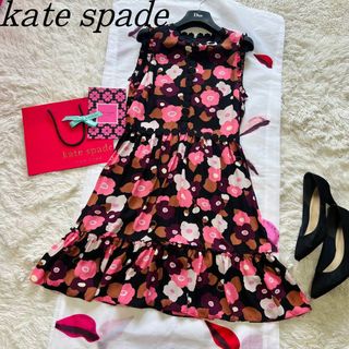 kate spade new york - 【美品】kate spade 総柄ワンピース ブラック ノースリーブ 6 花柄