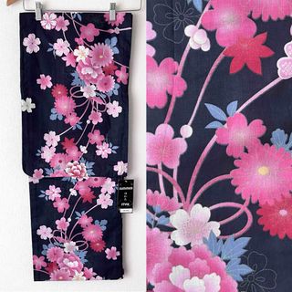 ◆新品 浴衣単品 紺地に牡丹 桜 雛菊 楓 組紐柄(浴衣)