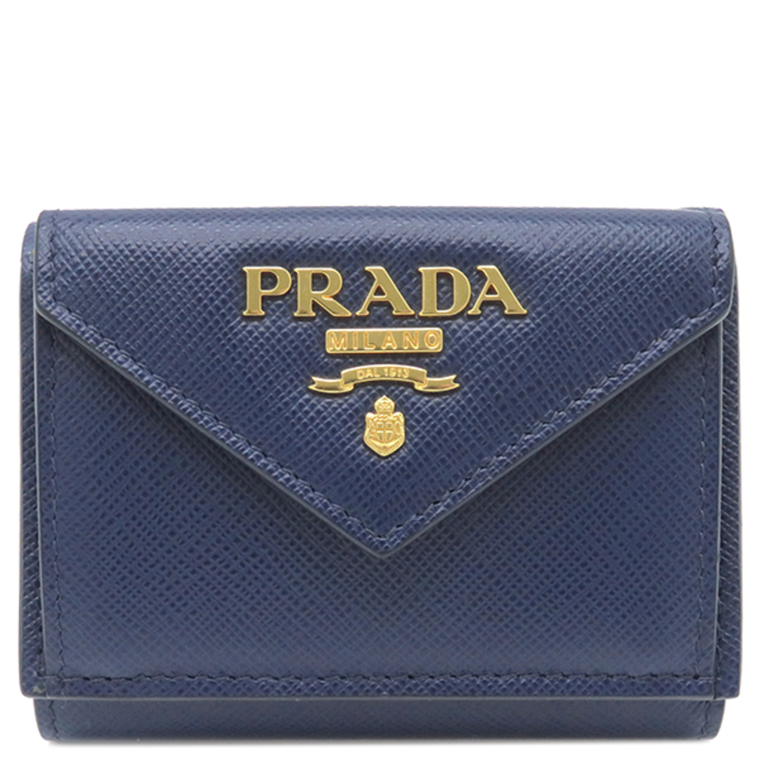 PRADA(プラダ)のプラダ PRADA 三つ折り財布 ロゴ ミニウォレット サフィアーノ BLUTTE ゴールド金具 青 SAFFIANO METAL  1MH021 【箱】【中古】 レディースのファッション小物(財布)の商品写真