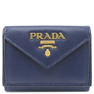 プラダ(PRADA)のプラダ PRADA 三つ折り財布 ロゴ ミニウォレット サフィアーノ BLUTTE ゴールド金具 青 SAFFIANO METAL  1MH021 【箱】【中古】(財布)