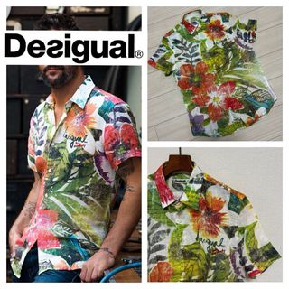 美品■Desigual■麻 リネン 花柄 ボタニカル フローラル 刺繍 シャツ