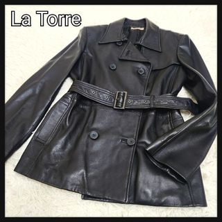 【本革】La Torre 羊革 ダブル ラムレザー コート ベルト付 Lサイズ(ライダースジャケット)