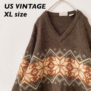 US古着　ニット　セーター　柄ニット　オルテガ　アート　男女兼用　茶色　XL(ニット/セーター)