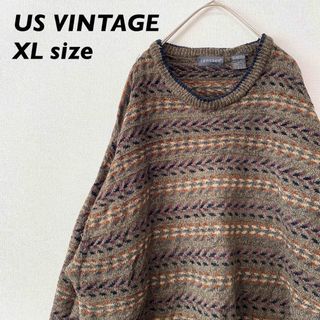 US古着　ニット　セーター　柄ニット　総柄　ボーダー　アート　男女兼用　XL(ニット/セーター)