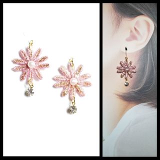 No.531-D　布フラワー☆ピアス・イヤリング(ピンク)ゴールド(ピアス)