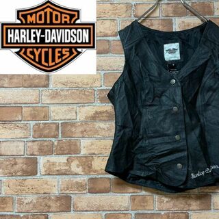 Harley Davidson - ハーレーダビッドソン　レザーベスト　刺繍ロゴ　黒　古着女子　ライダース　M