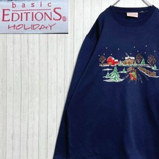 ベーシックエディションズ　スウェット　ビッグ刺繍　クリスマス　ネイビー　裏起毛(スウェット)