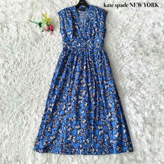 kate spade new york - 【美品】ケイトスペード ロング丈 ワンピース バタフライ 総柄 ブルー L