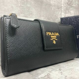PRADA - 極美品✨ プラダ 金ロゴ サフィアーノレザー 長財布 折り ブラック
