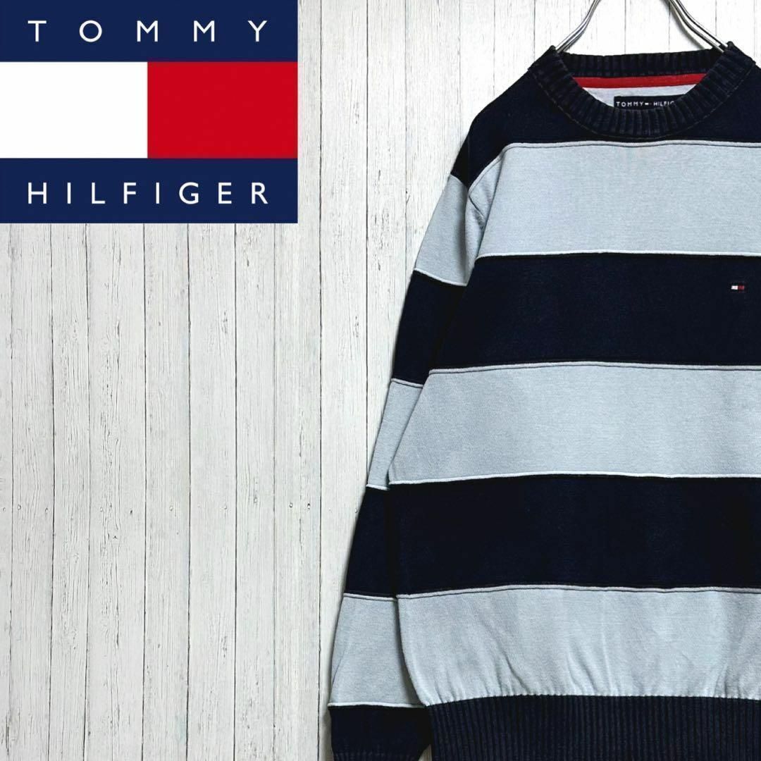 TOMMY HILFIGER(トミーヒルフィガー)のトミーヒルフィガー　デザインニット　セーター　ボーダー　刺繍ロゴ　ブルー　S メンズのトップス(ニット/セーター)の商品写真