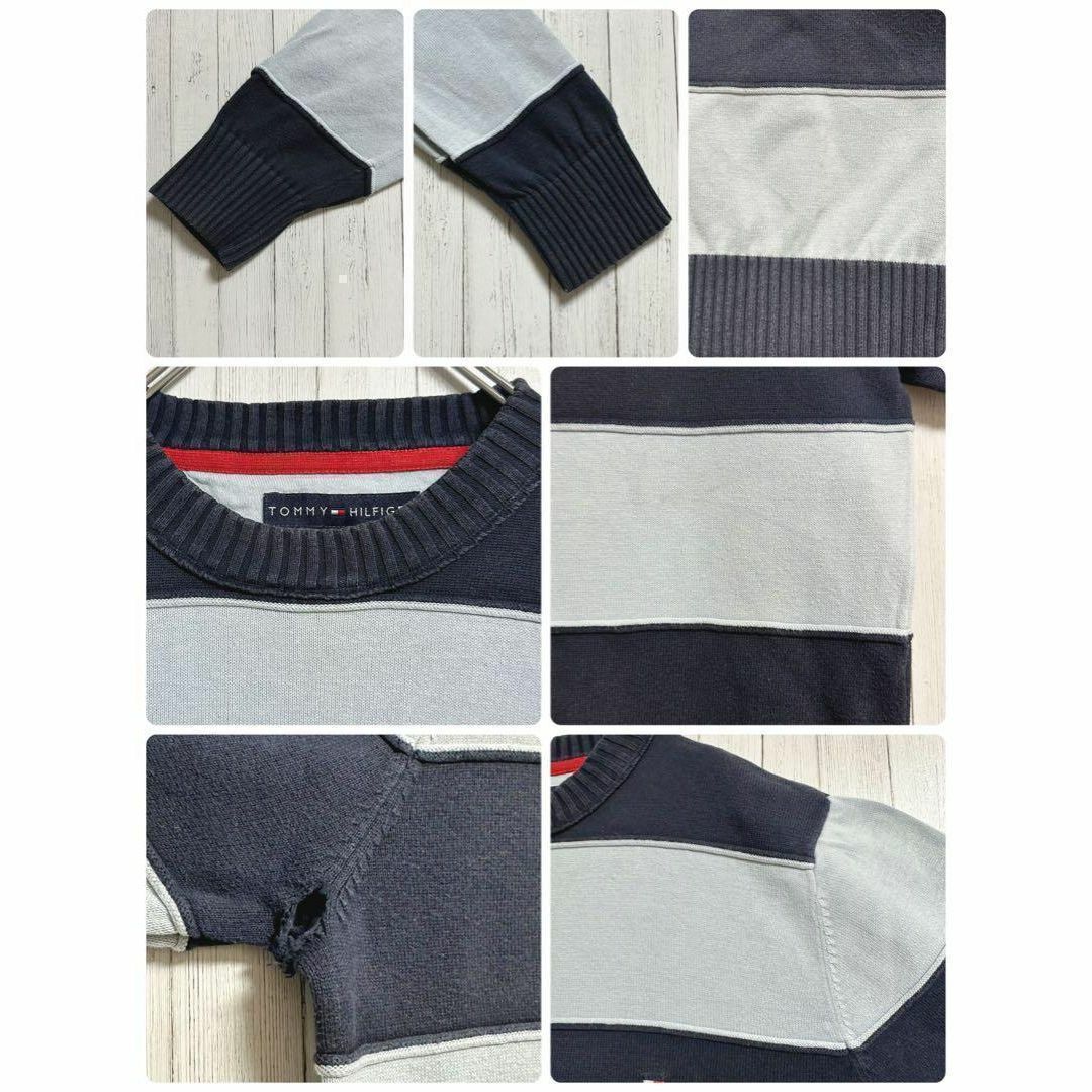 TOMMY HILFIGER(トミーヒルフィガー)のトミーヒルフィガー　デザインニット　セーター　ボーダー　刺繍ロゴ　ブルー　S メンズのトップス(ニット/セーター)の商品写真