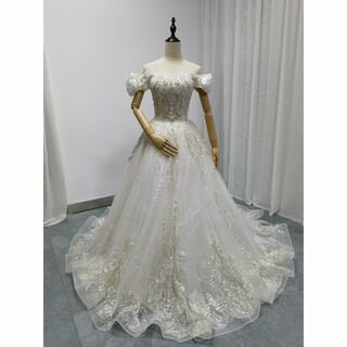 豪華！ ウェディングドレス 姫袖 キラキラ光る刺繍 ハンドメイド 編み上げ結婚式(ウェディングドレス)