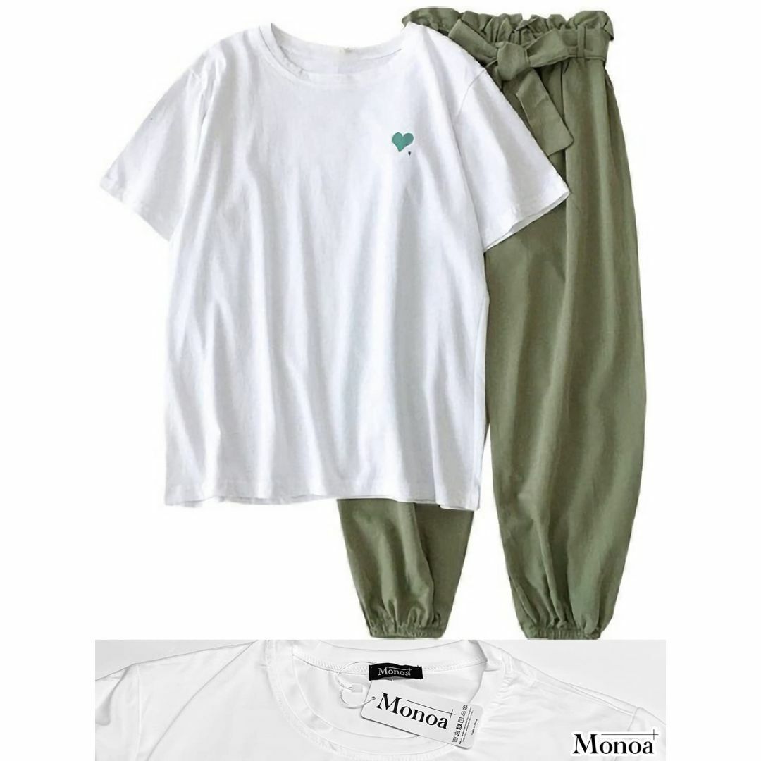 [モノア] ジャージ 上下セット 半袖 白 tシャツ ウエストゴム 9分丈パンツ レディースのファッション小物(その他)の商品写真