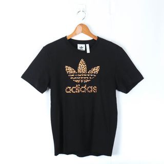 アディダス(adidas)のアディダス 半袖Tシャツ ロゴT レオパード柄 スポーツウエア レディース Mサイズ 黒×オレンジ adidas(Tシャツ(半袖/袖なし))