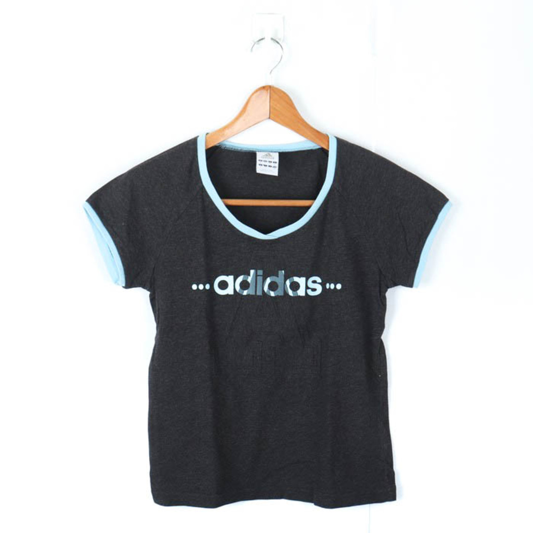 adidas(アディダス)のアディダス 半袖Tシャツ ロゴT スポーツウエア コットン レディース Mサイズ ダークグレー×青 adidas レディースのトップス(Tシャツ(半袖/袖なし))の商品写真