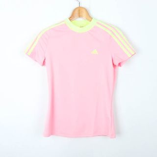 アディダス(adidas)のアディダス 半袖Tシャツ 袖ライン スポーツウエア エアロレディ レディース Mサイズ ピンク×黄 adidas(Tシャツ(半袖/袖なし))