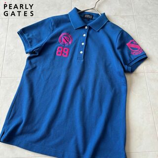 パーリーゲイツ(PEARLY GATES)のパーリーゲイツ　ゴルフウェア　半袖ポロシャツ　ブルー　刺繍ロゴ　サイズ1(ウエア)