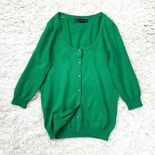 ザラ(ZARA)のZARA 7分袖 薄手 ニット カーディガン オーバルネック グリーン(カーディガン)