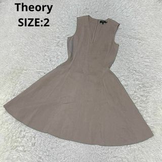 セオリー(theory)のTheory リネンストレッチ ノースリーブフレアワンピース サイズ2 ベージュ(ひざ丈ワンピース)