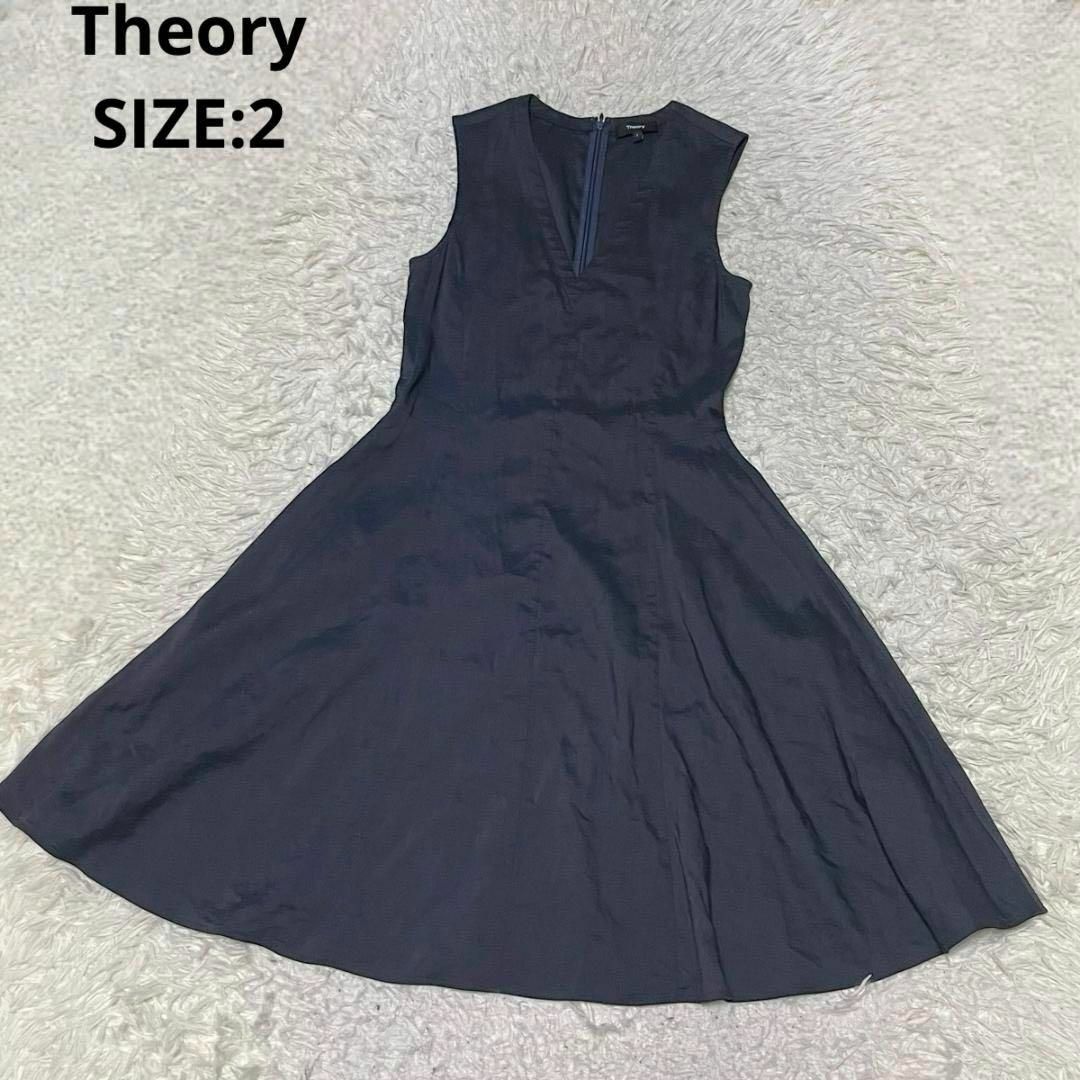 theory(セオリー)のTheory リネンストレッチ ノースリーブフレアワンピース サイズ2 ネイビー レディースのワンピース(ひざ丈ワンピース)の商品写真