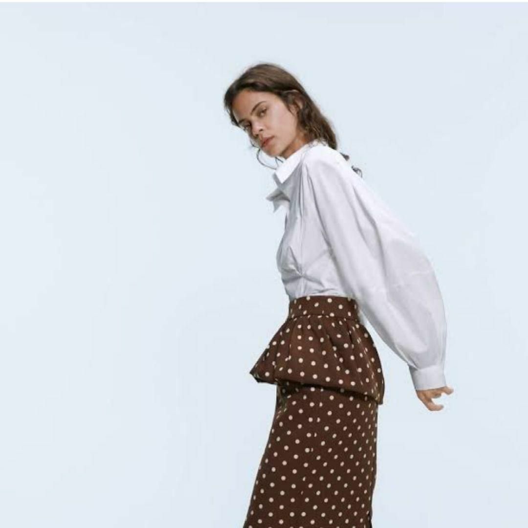 ZARA(ザラ)の【ZARA/ザラ】タイトスカート　ペプラム　ドット　ブラウン　水玉　ミモレ丈 レディースのスカート(ロングスカート)の商品写真