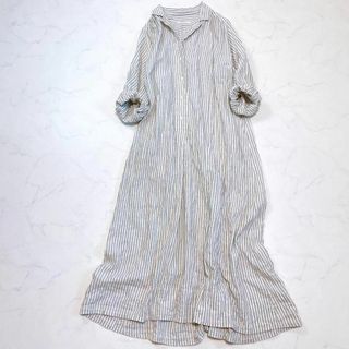 プラージュ(Plage)のプラージュ コットン混 ストライプ ロングシャツワンピース 白×グレー ゆったり(ロングワンピース/マキシワンピース)