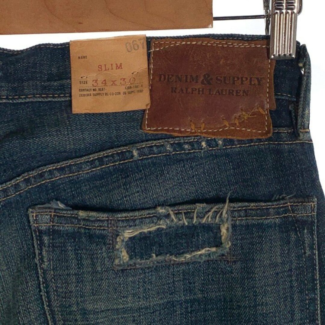 DENIM&SUPPLY RALPH LAUREN デニムアンドサプライ ラルフローレン SLIM スリムテーパードデニムパンツ ダメージリペア加工 インディゴ Size 34×30 メンズのパンツ(デニム/ジーンズ)の商品写真