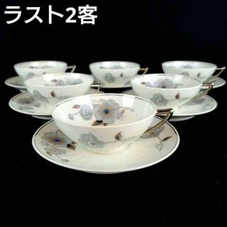 美品 ◆ フランスアンティーク カップ&ソーサー 2客　銀彩　シルバー 花柄(グラス/カップ)