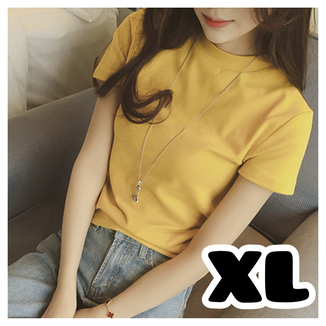 新品☆ ハイネックTシャツ 半袖 シンプル 着回し 大人気 韓国 イエロー XL レディースのトップス(Tシャツ(半袖/袖なし))の商品写真