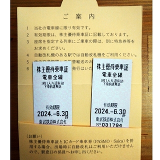 東武鉄道　株主優待乗車証（２枚）2024年6年30日まで　東武　優待(鉄道乗車券)